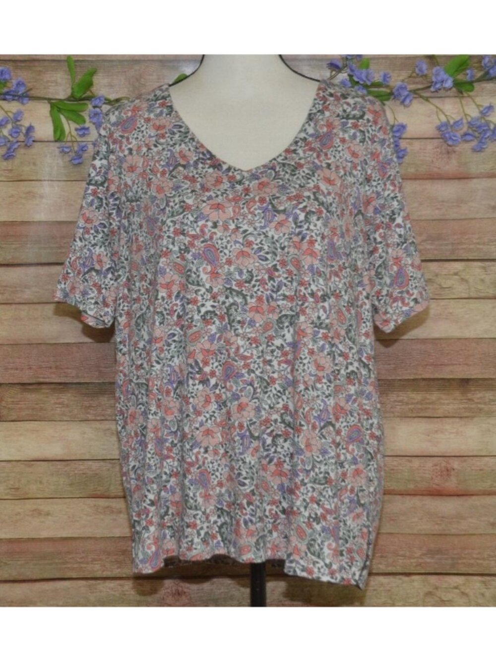 J Jill Pima Cotton Slub Elbow Tee Pastel Floral Boho Feminine XL Cottage Core